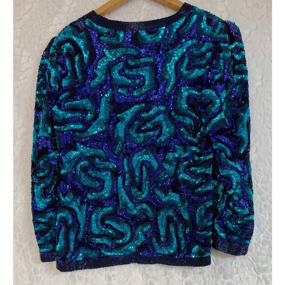 VTG 80s 90s Joan Leslie Studios Silk Sequin Beaded Abstract Glam Party Jacket Sm - Picture 3 of 10